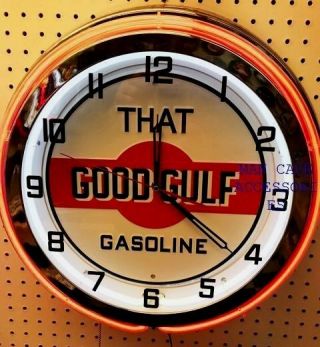 19 " That Good Gulf Gasoline Motor Oil Gas Station Sign Double Orange Neon Clock