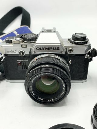 Vtg.  Olympus OM - 10 35mm SLR Film Camera Zuiko 50mm 1.  8 Lens 1980s w/Lens & Film 2
