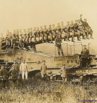 Large Photo: Rare German Troops Posed W/ Heavy Railway Artillery Kanone Gun