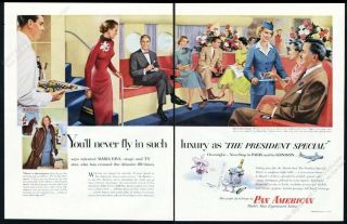1954 Pan Am Airlines President Special Stewardess Plane Art Vintage Print Ad