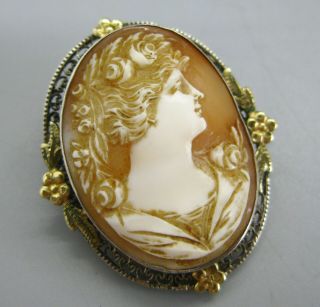 Vintage Sterling Silver 14k Gold Hand Carved Shell Italian Cameo Brooch Pin
