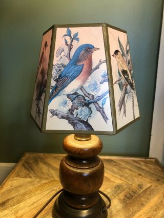 Vintage Wooden Lamp Artist Ph Gonner 6 Panels 6 Birds Metal Frame Paper Shade