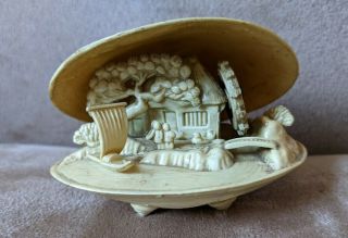 Vintage Japanese Celluloid Clam Shell Diorama With Moving Water Wheel