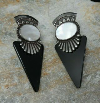 Vintage Onyx And Mother Of Pearl Sterling Silver Clip Earrings
