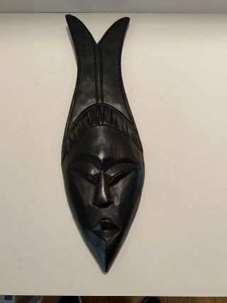 Vintage Wood African Mask Wall Hanging Painted Black 18 Inches Folk Art Ethnic