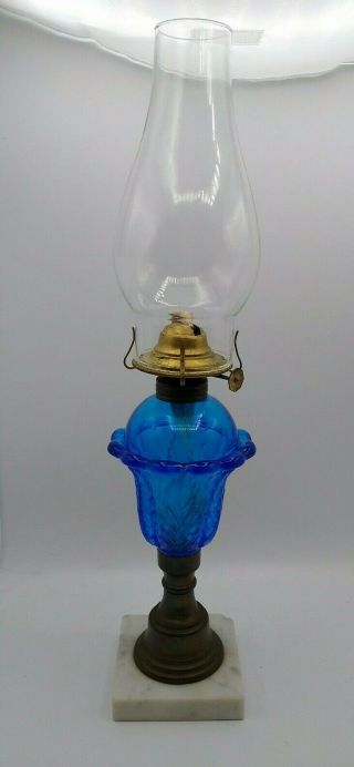 Vintage 17 " Cobalt Blue Glass Oil Lamp With Chimney,  Marble & Brass Base