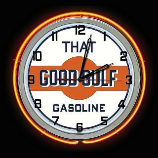 19 " That Good Gulf Gasoline Gas Oil Sign Double Orange Neon Clock Man Cave