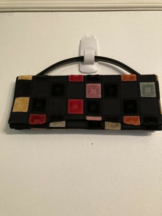 Vintage Crown Lewis Tapestry Art Deco Purse Handbag Black W/ Multi Color Squares