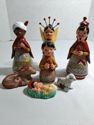 Vintage Tonala Mexico Nativity Hand Painted 7 Pc Mexican Folk Art 5 "