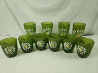 Hj Stotter Vtg Acrylic Set Set Of 10 - 4 Large & 6 Small Green Cups With Daisy