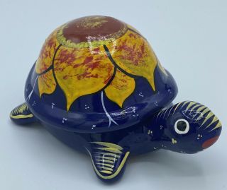 Vintage Talavera Turtle Ceramic Mexican Decor Jewelry Box Trinket Dish 6” Long