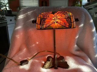Vintage Tiffany Style Butterfly Lamp Desk Table Glass Metal Victorian Banker 10”