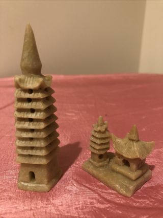 Set Of 2 Vintage Hand Carved Soapstone Miniature Pagoda And Temple