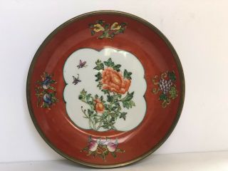 Vintage Canton Ware Hand Painted Porcelain Metal Heavy Plate Bowl Ashtray