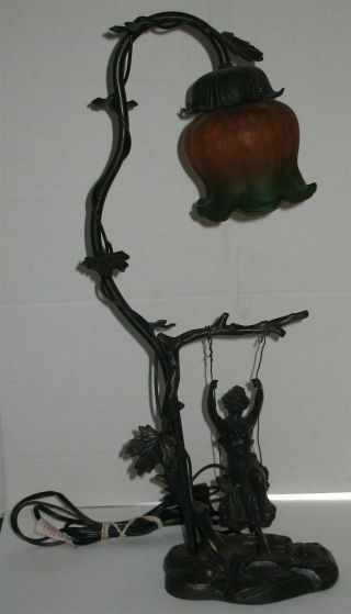 Vtg Bronze Woman On Swing M Moreau Sadek Art Glass Shade Table Accent Lamp Light