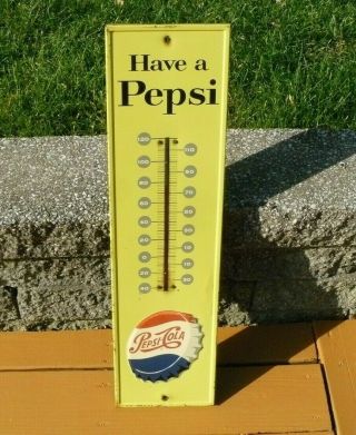 Vintage 60s Pepsi - Cola Advertising Sign Thermometer Embossed Bottlecap