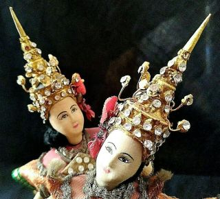 2 Thai Dancer Doll Miniature Handmade Asian Vtg Rhinestones Metal Trim