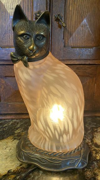Andrea By Sadek Gold Amber Cat Bronze & Glass Table Lamp Tin Chi 1996 Rare