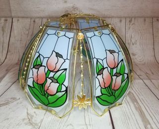 Vintage 10 " Rose Glass Panel Lamp Shade Floral Gold Tone