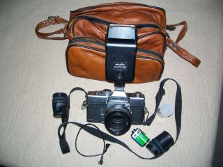 Vintage Minolta Srt201 35mm Camera W/auto 28 Flash Md 50mm 1:2 Lens,  Case,