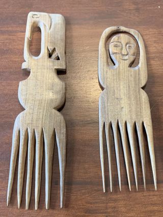 Vintage West Africa Carved Wood Figure Hair Pick Comb Male & Female Set 2