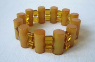 Vintage Deco Butterscotch Amber Bakelite Cylinders Glass Beads Bracelet
