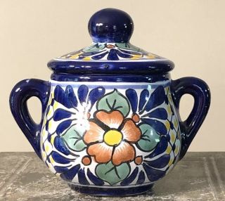 Talavera Mexican Mexico Colorful Blue Orange Yellow Green Pottery Jar With Lid