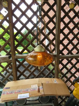Vintage Swag Hanging Lamp With Amber Glass Shade.  Pull Chain