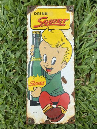 Vintage 1958 Squirt Soda Soft Drink Porcelain Coke Bottle Boy Store Gas Oil Sign
