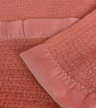 Vintage Acrylic Blanket Satin Trim Waffle Weave Pink Peach Melon Color 75 X 82
