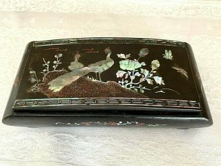 Vintage Black Lacquer Mother Of Pearl Inlay Asian Cigarette Box
