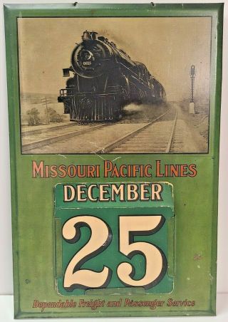 1930s Missouri Pacific Railroad Tin Litho Perpetual Calendar Advertising Sign