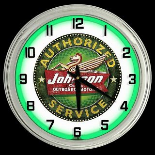 16 " Johnson Outboard Motors Authorized Service Sign Green Neon Clock Boat