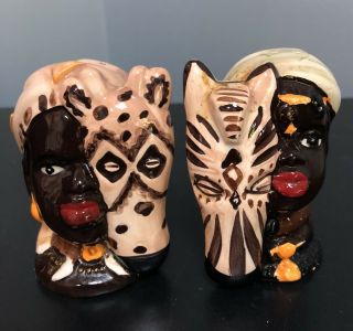 Vintage African Tribal Man And Woman Head Salt And Pepper Shakers 3 - 1/2 X 3”