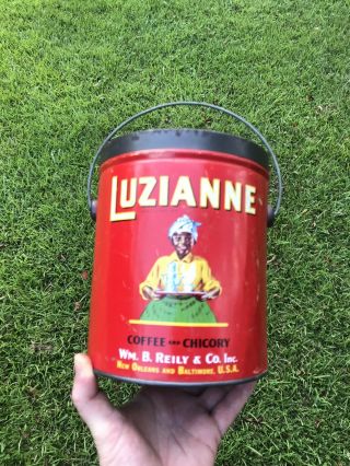 Vintage Antique 1928 3 Lb.  Luzianne Coffee Tin Can Pail & Lid Great Image