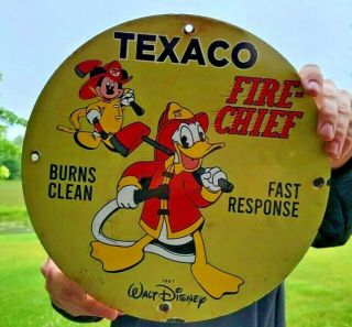 Vintage Dated 1967 Texaco Fire - Chief Gasoline Motor Oil Porcelain Sign Mickey