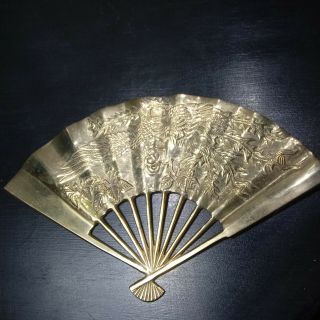 Vintage Asian Oriental Dragon Phoenix Carved Solid Brass Fan Wall Decoration