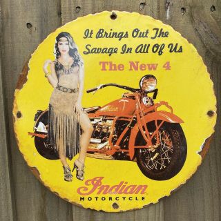Vintage Indian Motorcycle￼ Porcelain Gas Oil Sign Metal Savage Biker Advertising