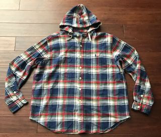 Vintage Polo Ralph Lauren Mens Plaid Red Blue Pony Flannel Button Up Hoodie Xl