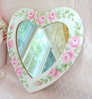 Shabby Heart Frame Mirror Pink Roses Bydas Hp Hand Painted Chic Vintage Cottage