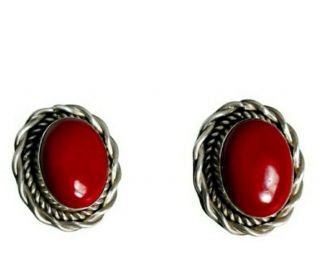 Vtg Taxco Clip Earrings Sterling Silver Hand Made Red Oxblood Coral Cabochon