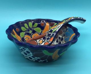 Talavera Ceramic Pottery Salsa Bowl & Spoon Lead Mexican Folk Art Dish