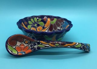 Talavera Ceramic Pottery Salsa Bowl & Spoon Lead Mexican Folk Art Dish 2