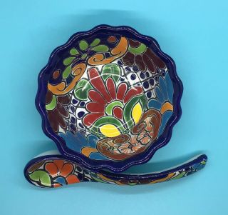 Talavera Ceramic Pottery Salsa Bowl & Spoon Lead Mexican Folk Art Dish 3