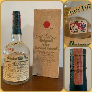 Vtg 60s Old Weller 107 Barrel Proof Bottle W/ Box Empty Tax Stamp Strip 4/5 Qt