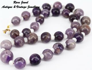 Vintage Amethyst & Mother Of Pearl Necklace Old Beads 9ct Clasp