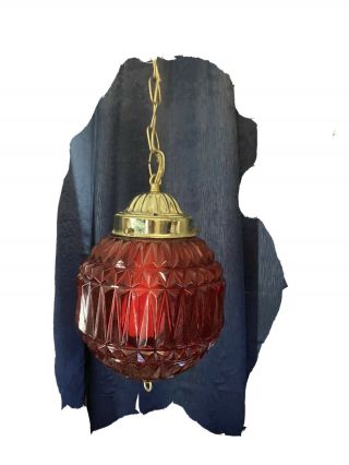 Vintage Retro Mid - Century Hanging Swag Light/lamp Ruby Red & Brass 10” Pendant