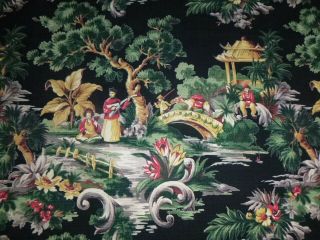 Vtg Cotton Barkcloth Fabric Curtain Panel Asian Oriental Black Background 66x53 "