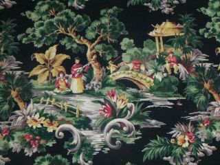 Vtg Cotton Barkcloth Fabric Curtain Panel Asian Oriental Black Background 66x53 