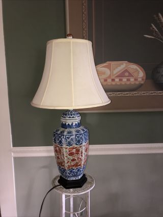 Vintage Asian Ginger Jar Lamp,  Blue White Wooden Base,  Shade Not